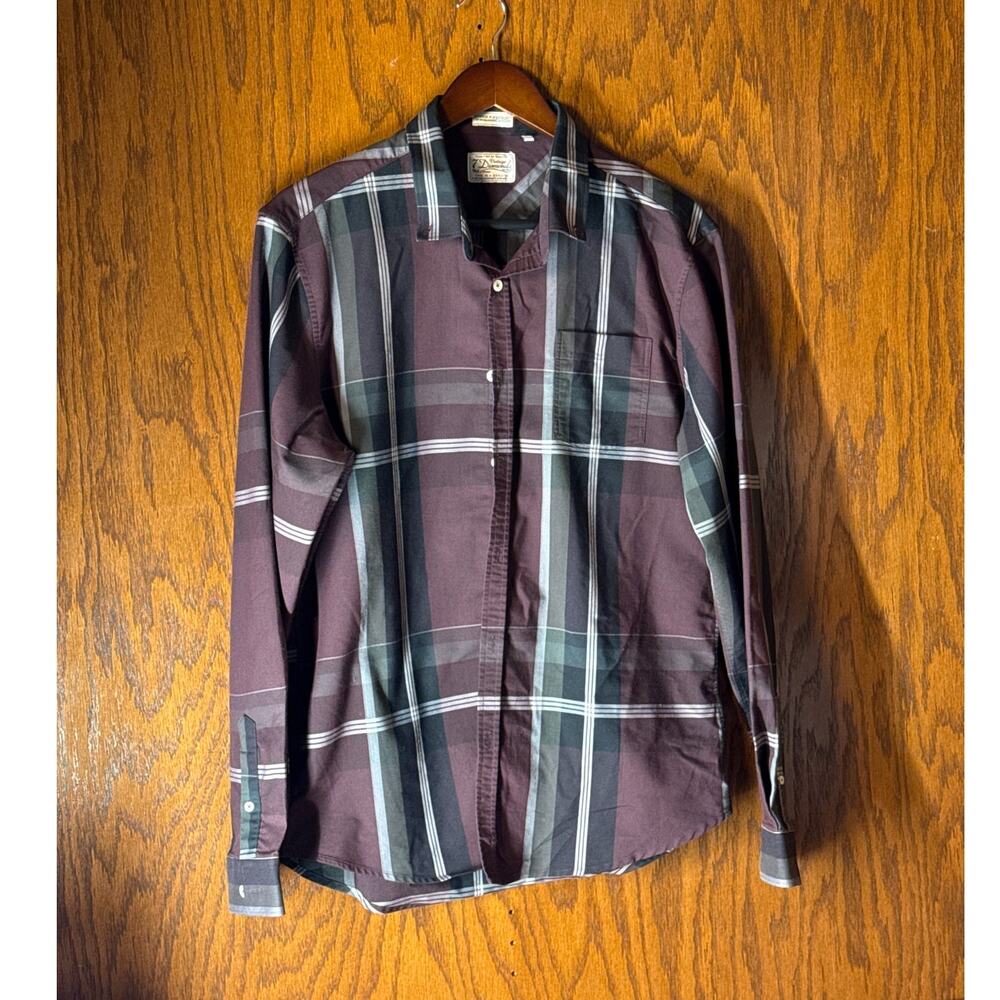 7 Diamonds Checkered Button Down Dress Shirt Mens Large Burgundy Gray Plaid